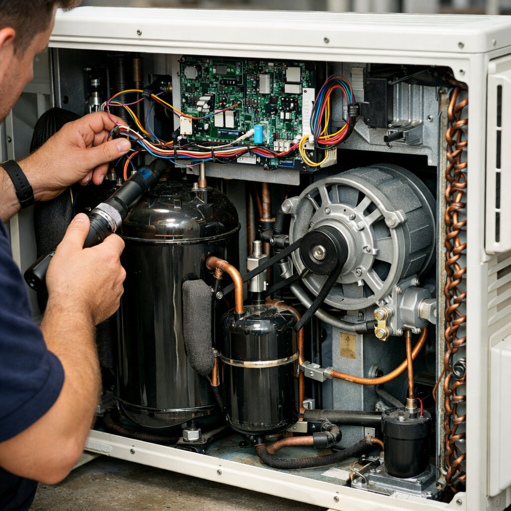 인버터 정속형 에어컨 차이를 보여주는 인버터 실외기 컴프레서 제어 장면