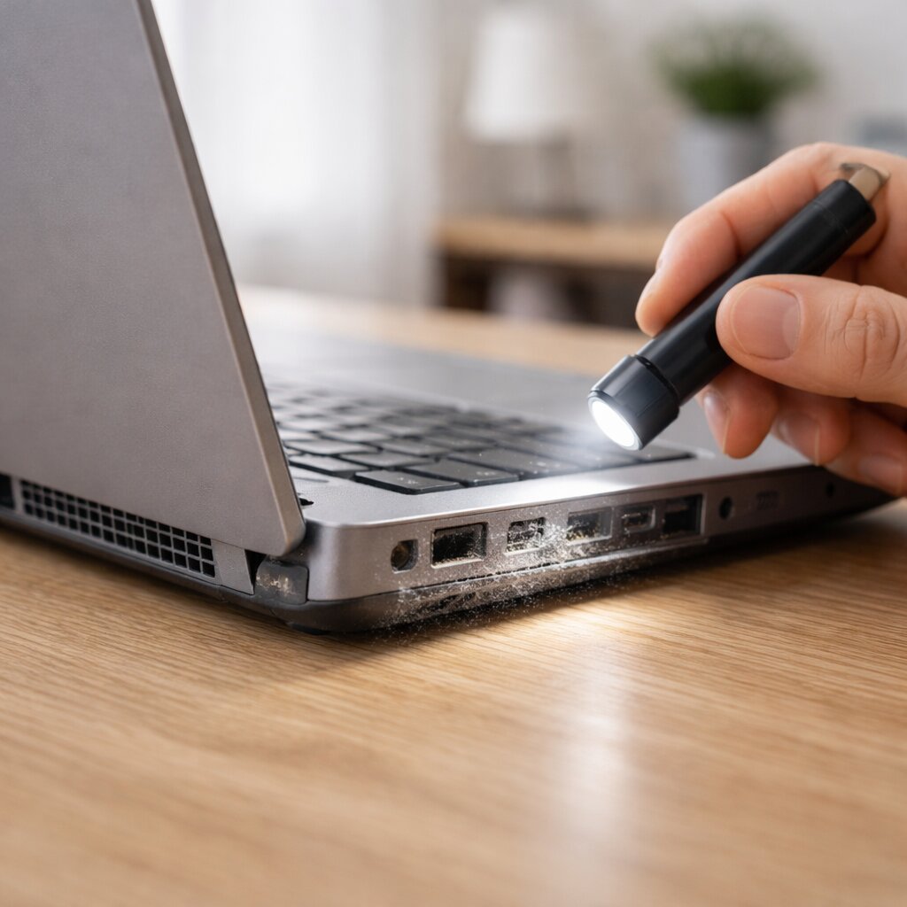 노트북 팬 소음 원인으로 통풍구 먼지를 점검하는 모습