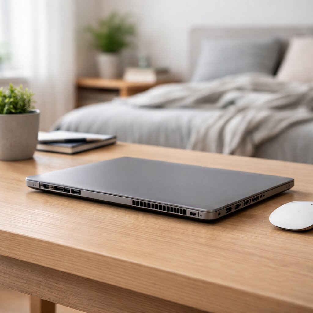 노트북 팬 소음 점검을 위해 통풍이 잘되는 책상 위에서 사용 환경을 바꾸는 모습