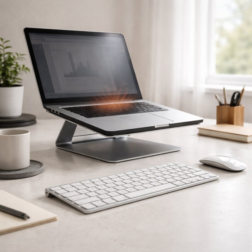 노트북 발열 줄이는 방법 점검에 적합한 받침대와 정리된 작업 환경 실사 이미지