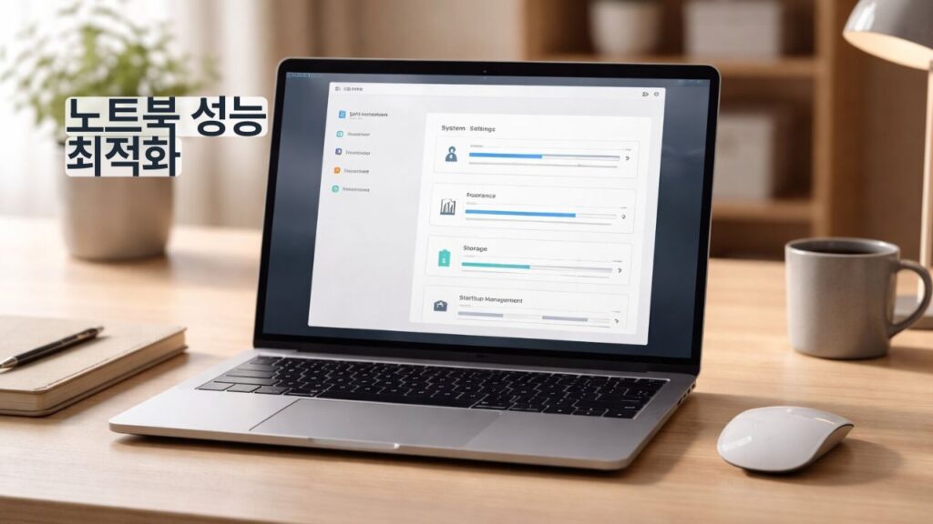 노트북 성능 최적화 대표 이미지, 느려진 노트북 설정과 저장공간 점검 장면