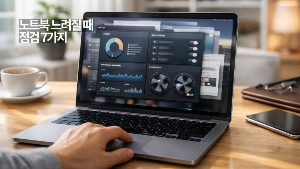 노트북 느려질 때 점검 리스트를 보여주는 저장공간 백그라운드 앱 발열 점검 실사형 썸네일