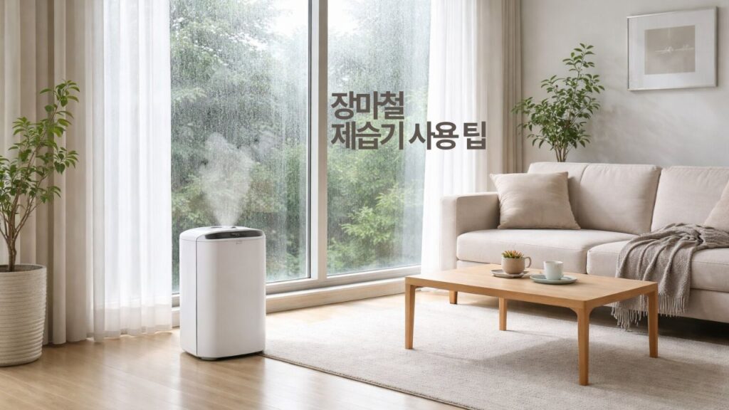 장마철 제습기 사용 팁을 보여주는 실내 습도 관리 실사형 썸네일 이미지