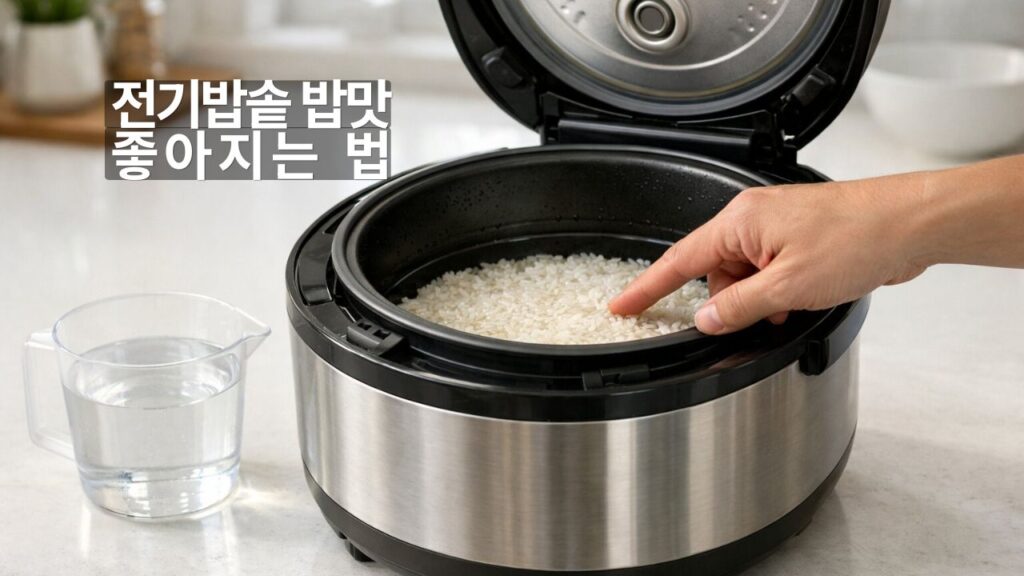 전기밥솥 밥맛 좋아지는 방법을 보여주는 쌀 세척 물 비율 취사 설정 실사 이미지