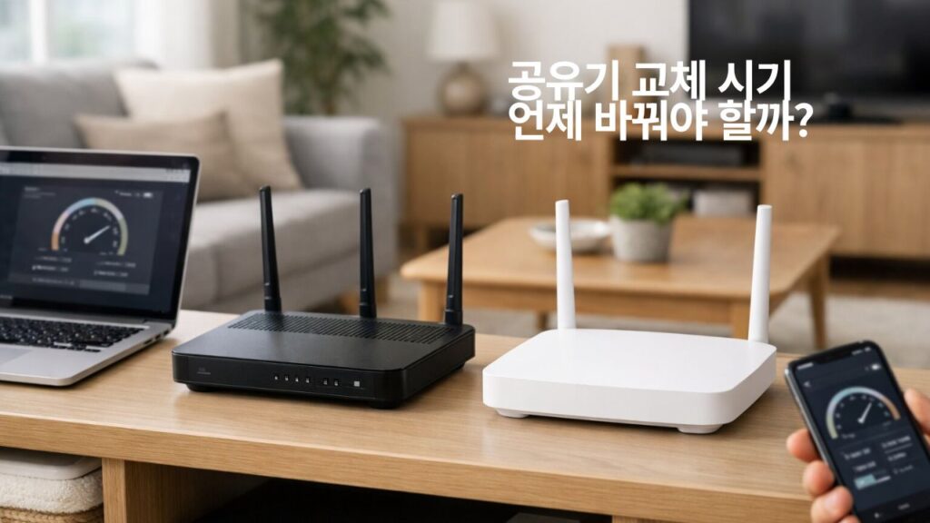 공유기 교체 시기와 와이파이 속도 문제 원인을 직관적으로 보여주는 실사형 대표 썸네일 이미지