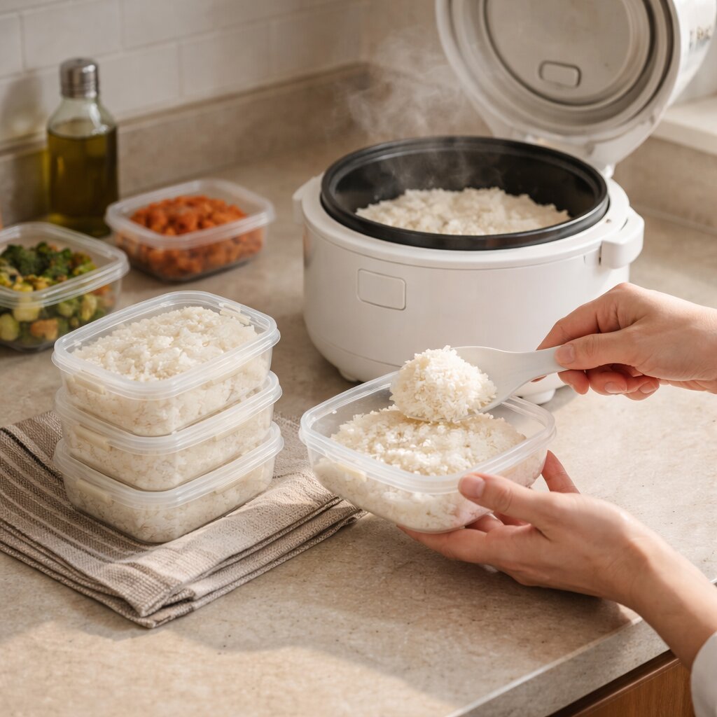 밥을 1인분씩 용기에 나눠 담아 냉동 보관하는 장면이 보이는 실사 이미지