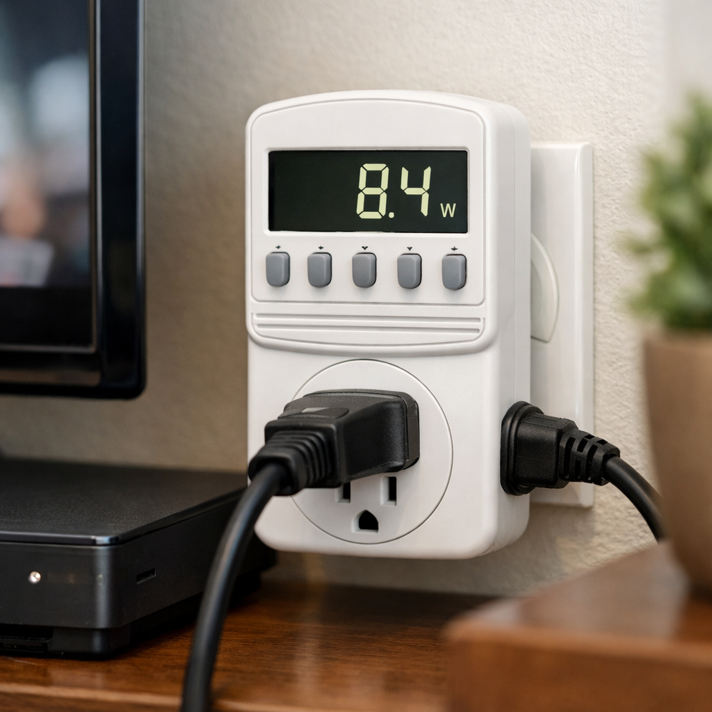 봄철 가전 대기전력 측정기 사용 장면과 소비전력 수치 화면