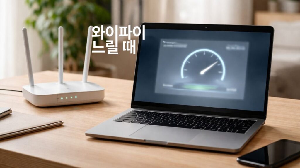 와이파이 느릴 때 속도 문제 해결 방법을 보여주는 공유기와 노트북 실사 이미지