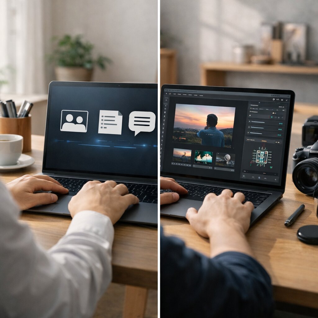 AI 노트북 일반 사용자와 크리에이터의 사용 목적 차이를 비교한 실사형 이미지