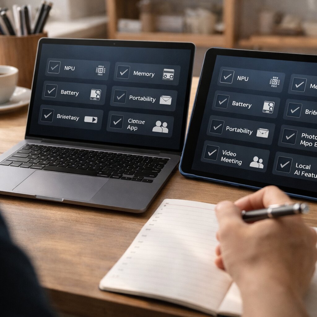 AI 노트북 구매 전 체크리스트와 사용 목적별 선택 기준을 보여주는 실사형 이미지
