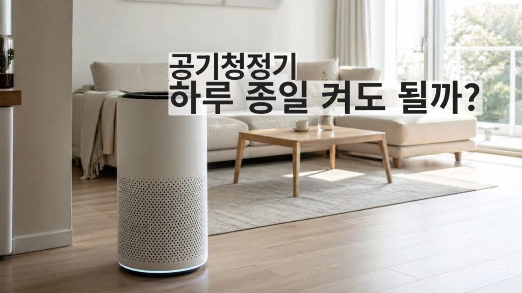 공기청정기를 하루 종일 사용하는 실내 환경을 보여주는 거실 이미지