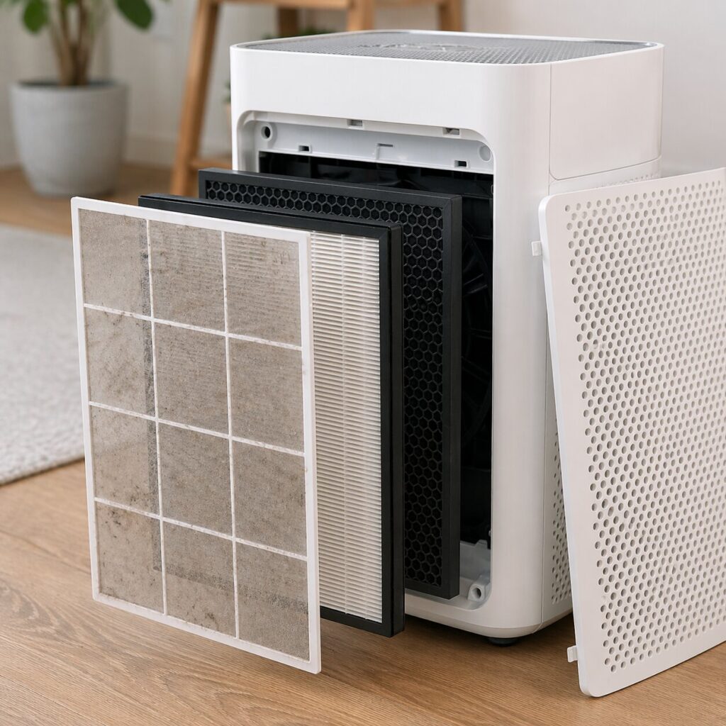 공기청정기 필터 청소 방법에서 프리필터와 안쪽 집진 필터의 구조를 구분해 보여주는 실사 이미지