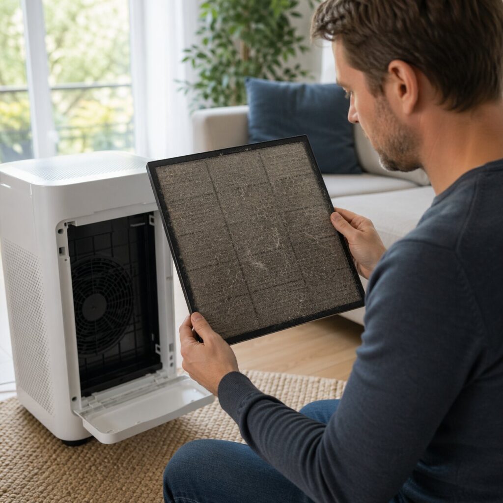 공기청정기 필터 청소 방법 중 프리필터에 쌓인 먼지와 반려동물 털 상태를 확인하는 실제 생활형 이미지