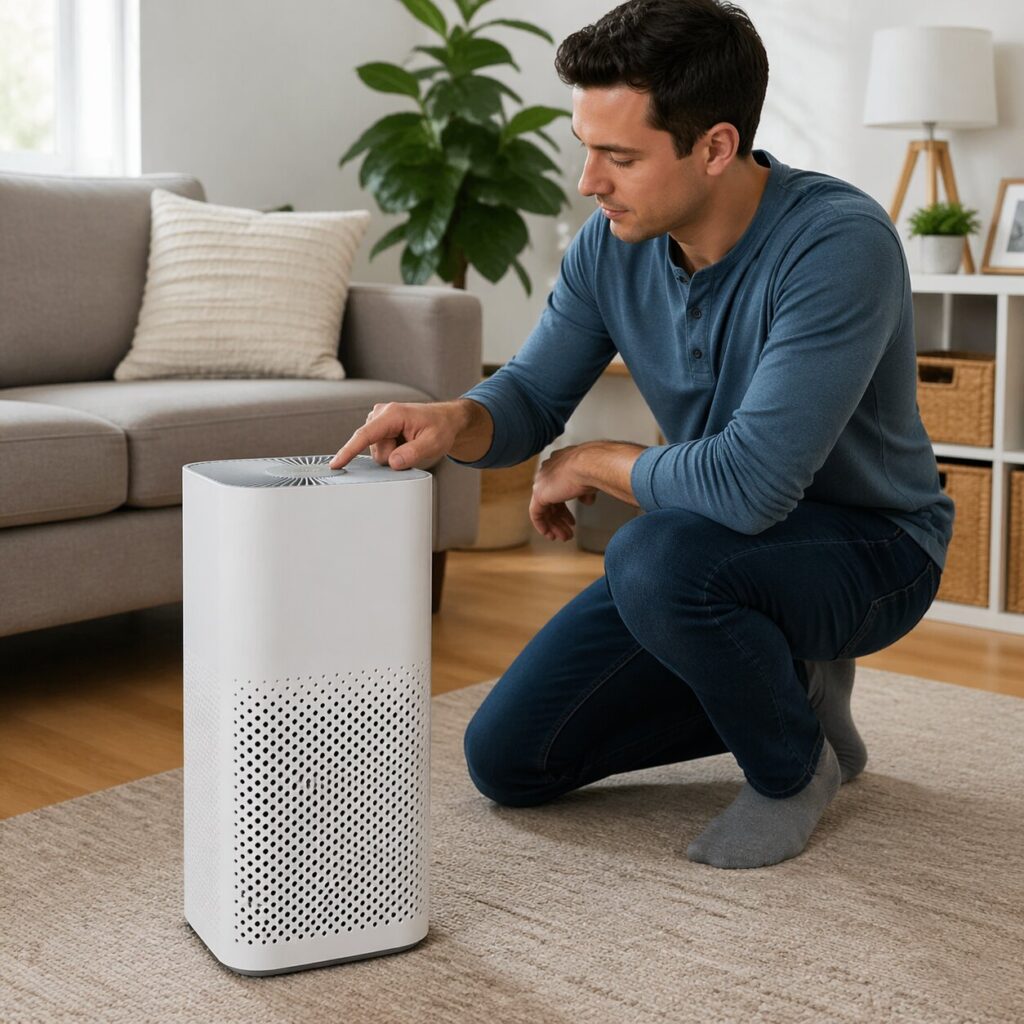 공기청정기 필터 청소 방법을 마친 뒤 필터를 다시 장착하고 본체를 점검하는 과정을 보여주는 실사 이미지