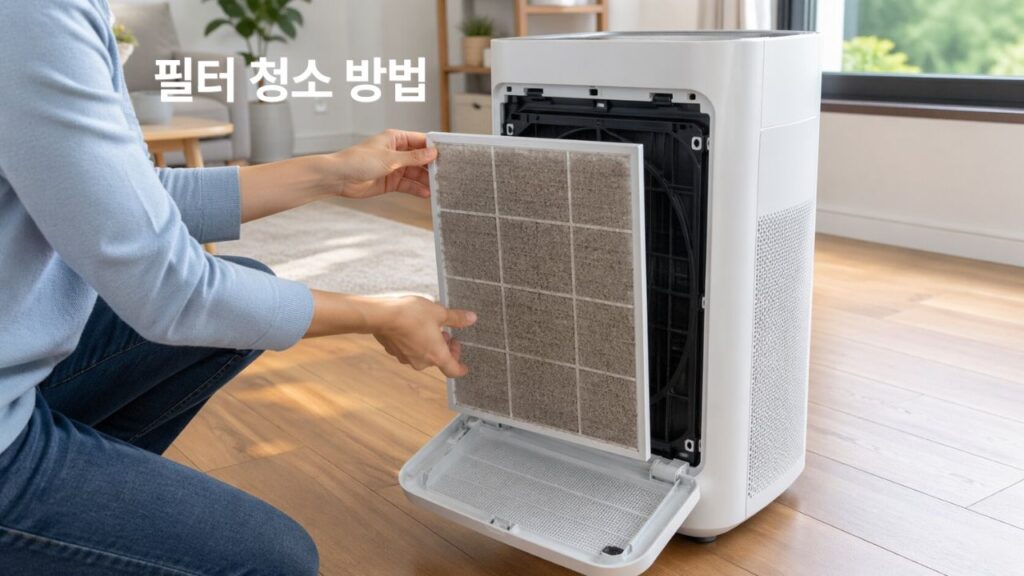 공기청정기 필터 청소 방법을 설명하는 대표 이미지로, 실내에서 공기청정기 앞커버를 열고 프리필터를 꺼내 관리하는 장면