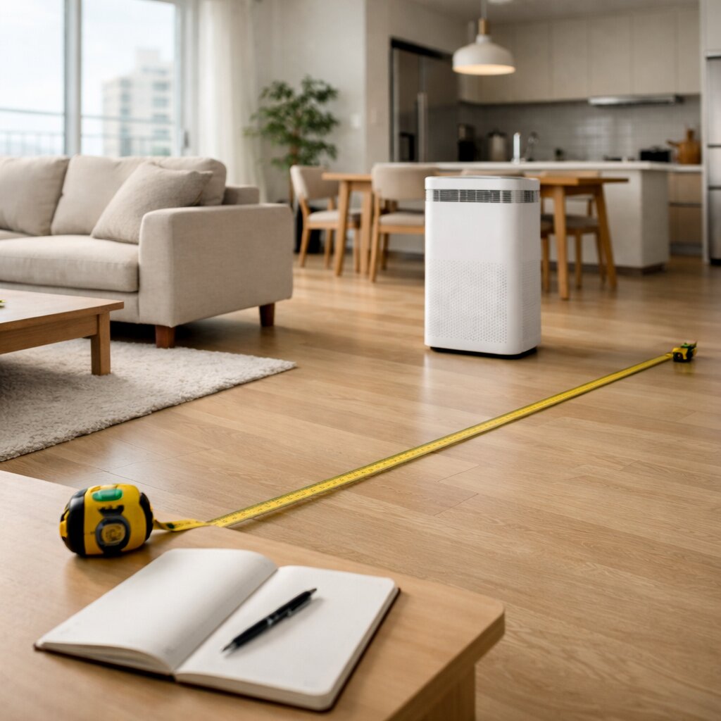 공기청정기 평수 선택 방법을 설명하는 거실 실사용 면적 측정 장면