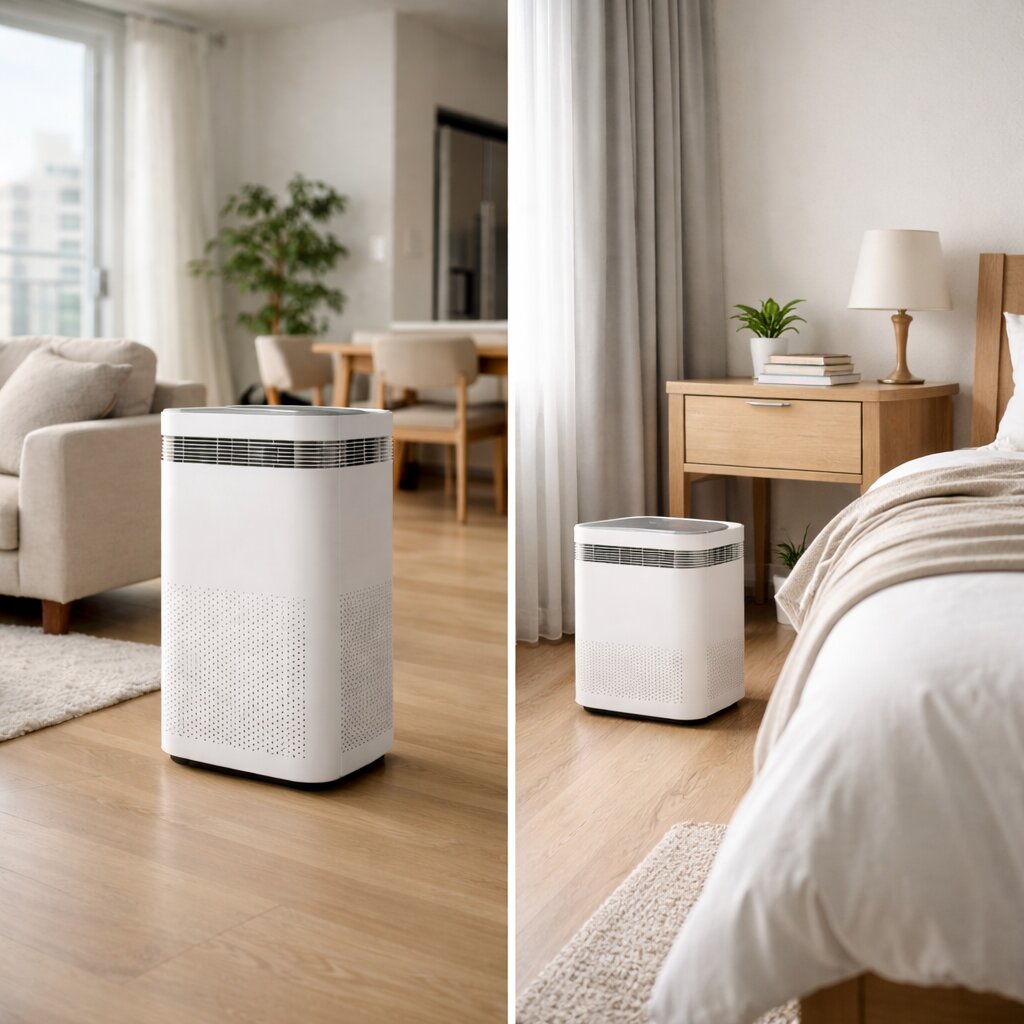 공기청정기 평수 선택 방법에서 거실용 대형 제품과 침실용 소형 제품을 비교하는 이미지