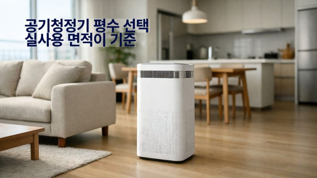 공기청정기 평수 선택 방법을 보여주는 밝은 아파트 거실과 공기청정기 실사 이미지