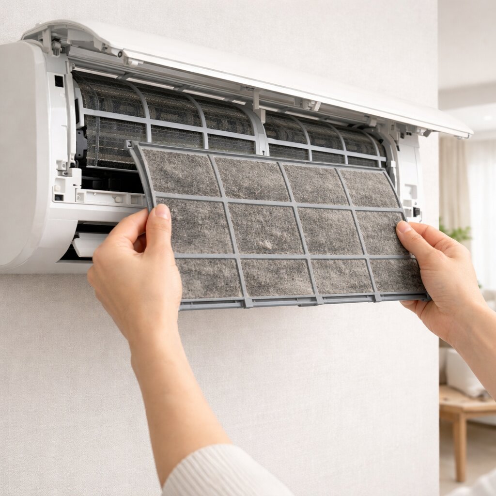 에어컨 필터 청소 방법 첫 단계로 벽걸이 에어컨 전면 패널을 열고 필터를 조심스럽게 분리하는 모습을 보여주는 실사형 정보 이미지