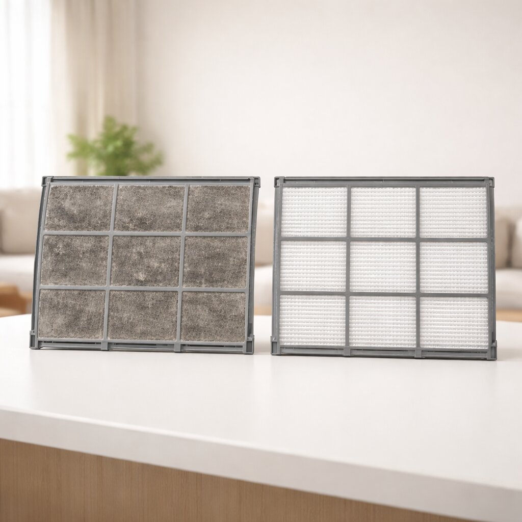 에어컨 필터 청소 방법에서 물세척 가능한 기본 필터와 교체형 특수 필터의 차이를 비교해 보여주는 실사형 정보 이미지