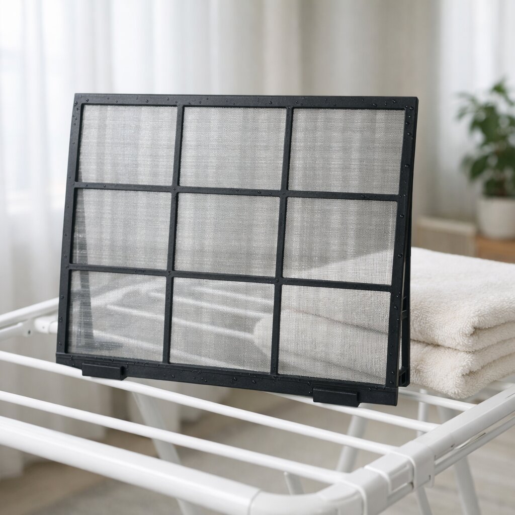 에어컨 필터 청소 방법에서 세척한 필터를 직사광선이 아닌 실내 그늘진 곳에서 세워 완전히 말리는 과정을 보여주는 실사형 정보 이미지