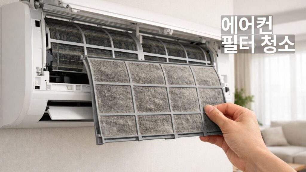 에어컨 필터 청소 방법을 설명하는 대표 썸네일 이미지로, 가정용 벽걸이 에어컨 전면 패널이 열려 있고 분리된 필터에 먼지가 쌓인 상태를 보여주는 실사형 장면