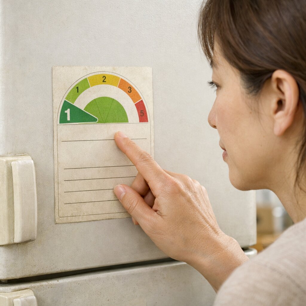 가전제품 교체 시기 판단을 위해 에너지 효율 등급 라벨과 제품 정보를 확인하는 실사형 장면