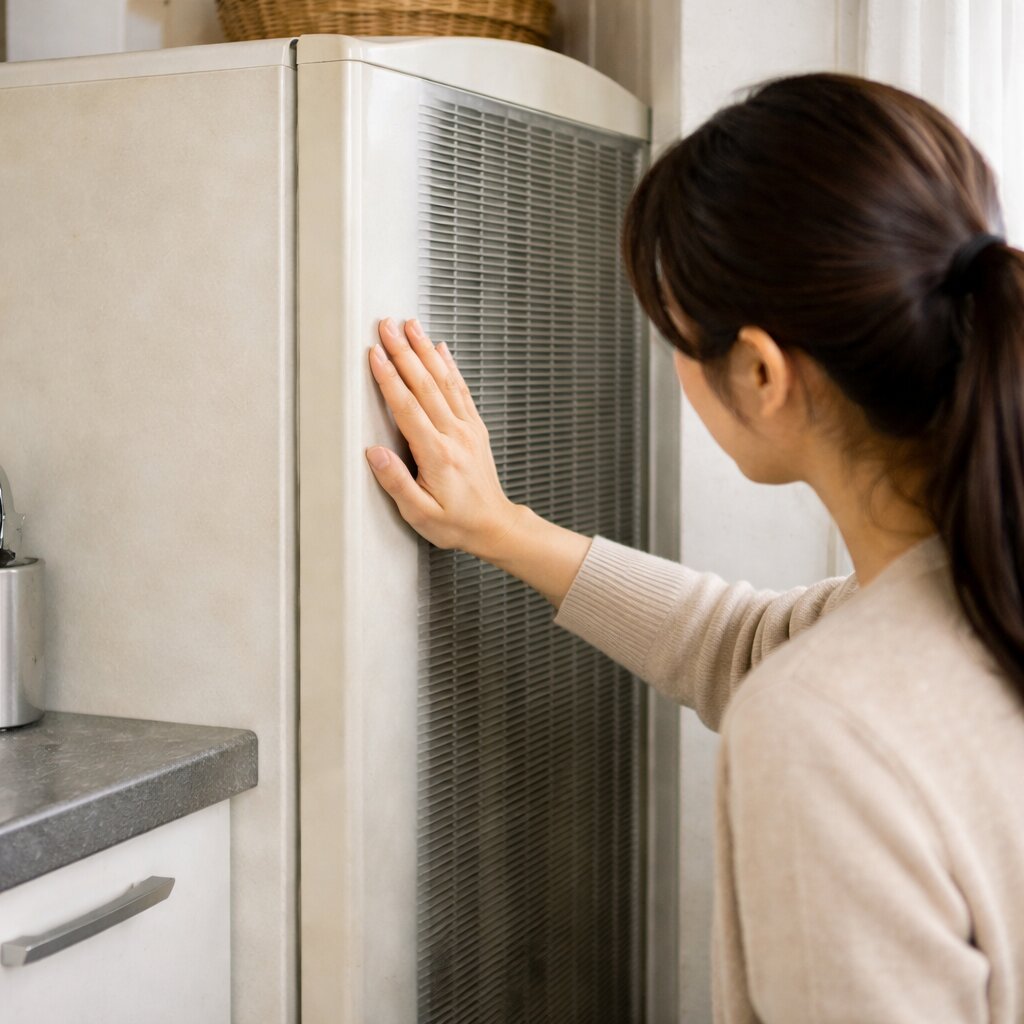 가전제품 교체 시기 점검을 위해 세탁기 또는 냉장고의 발열과 통풍 상태를 확인하는 실사형 이미지