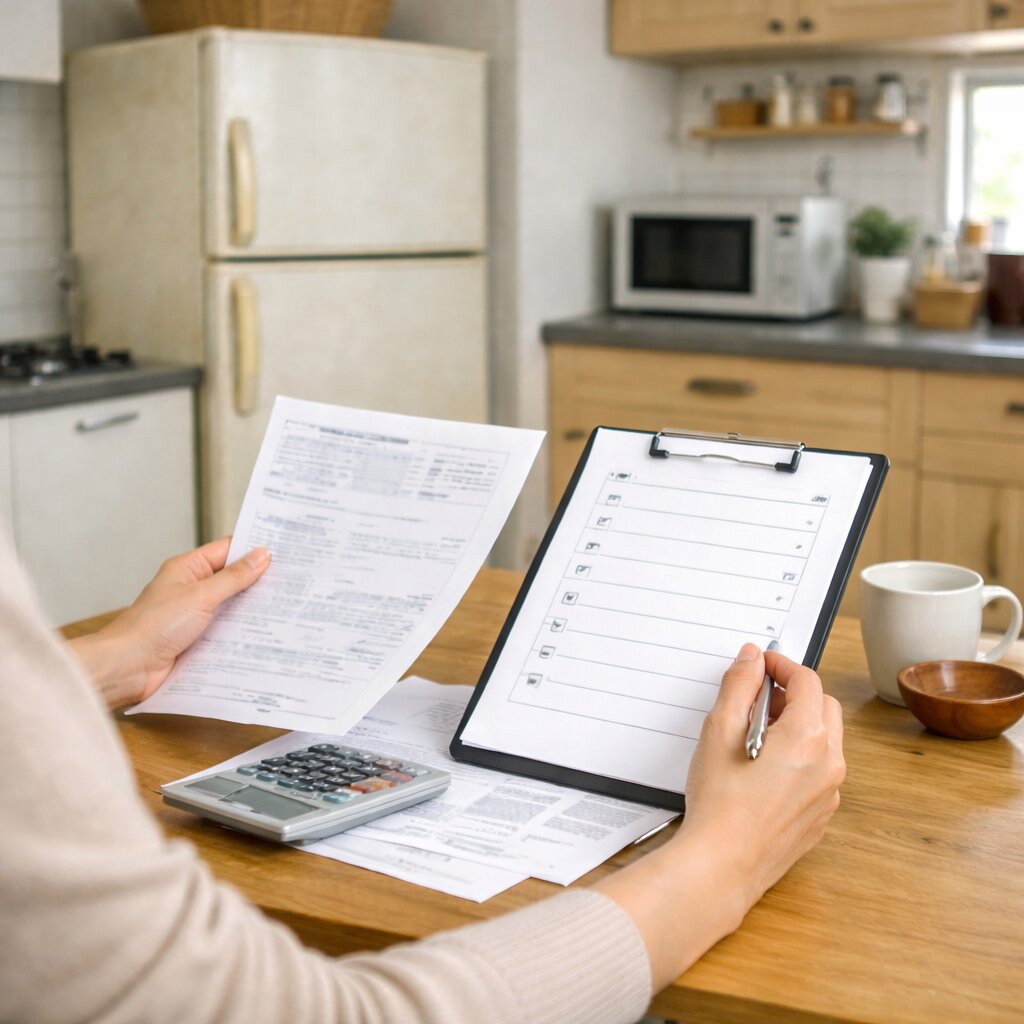 가전제품 교체 시기 체크리스트를 위해 전기요금 고지서와 오래된 가전 상태를 함께 검토하는 실사형 이미지