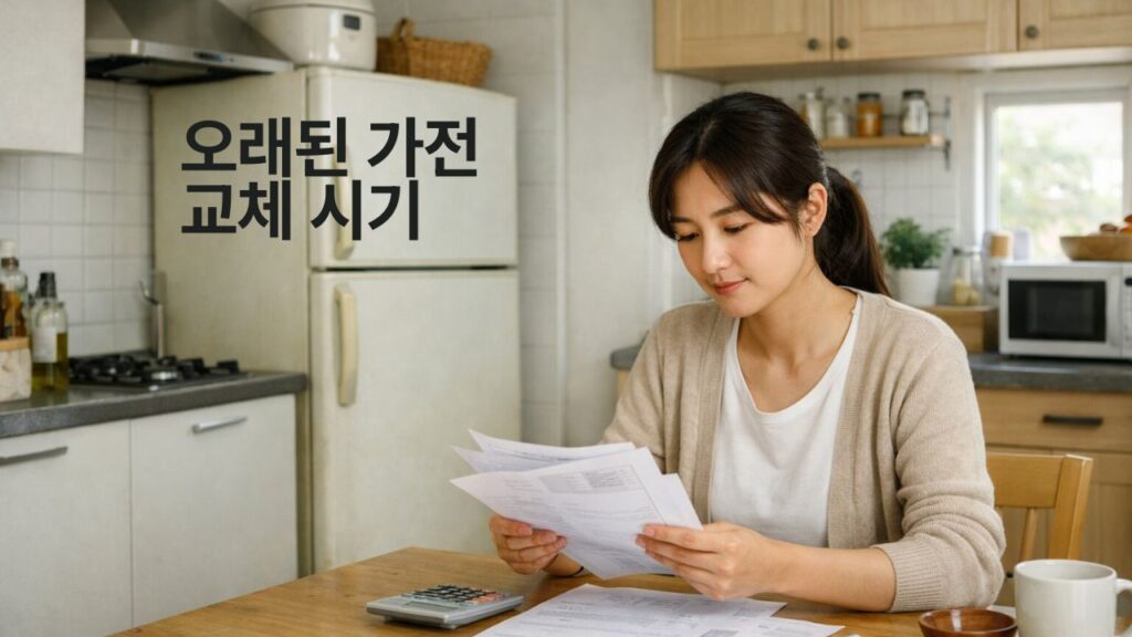 가전제품 교체 시기 판단을 위해 오래된 냉장고와 전기요금 문서를 함께 확인하는 실사형 이미지