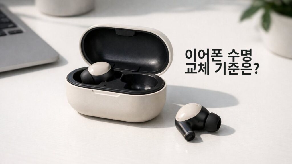 블루투스 이어폰 수명과 배터리 교체 기준을 보여주는 무선 이어폰 이미지