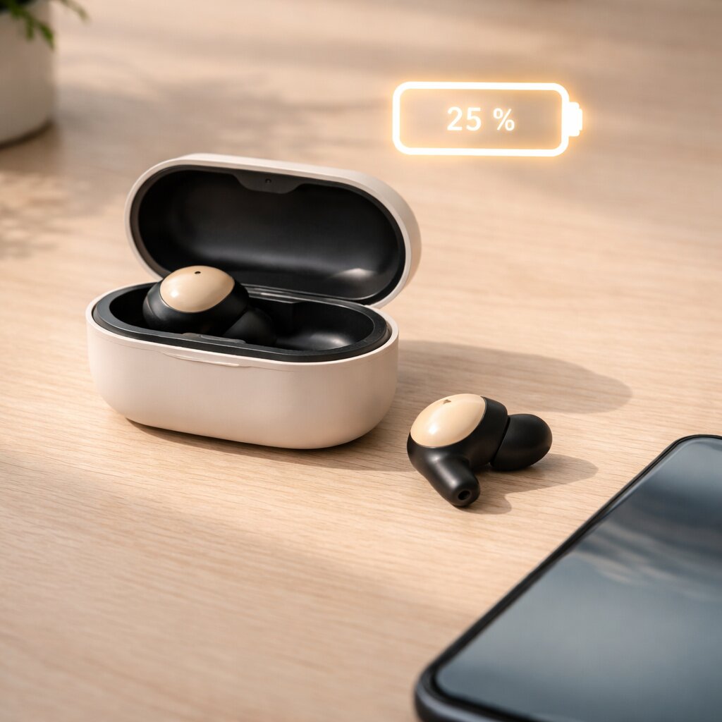 블루투스 이어폰 수명과 배터리 열화 기준을 설명하는 이어버드 충전 케이스 이미지