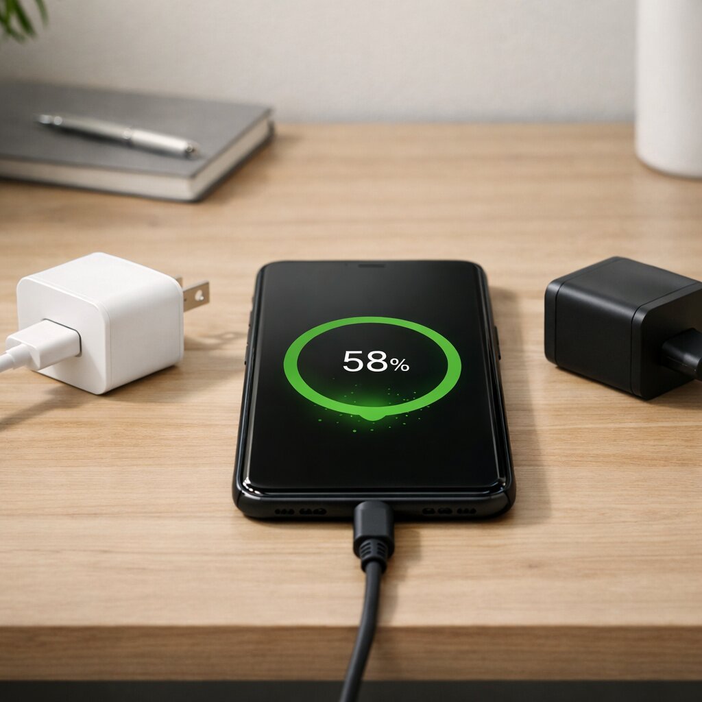 고속충전 차이와 일반 충전 비교를 보여주는 스마트폰 충전기 구성