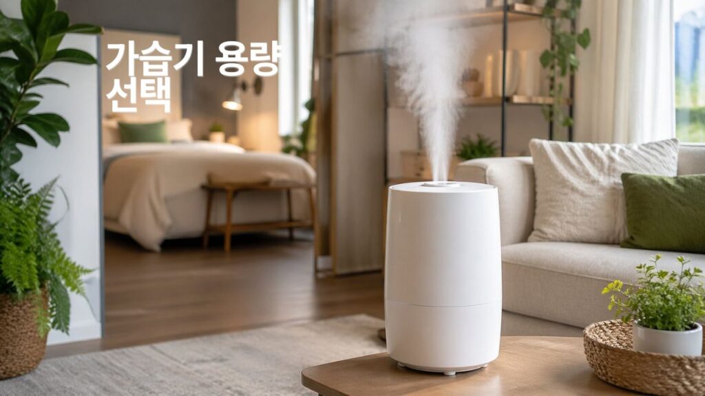 가습기 용량 선택 방법을 보여주는 대표 이미지로, 침실과 거실 분위기가 함께 느껴지는 실내 공간에서 적당한 크기의 가습기가 부드러운 미스트를 분사하는 실사형 장면