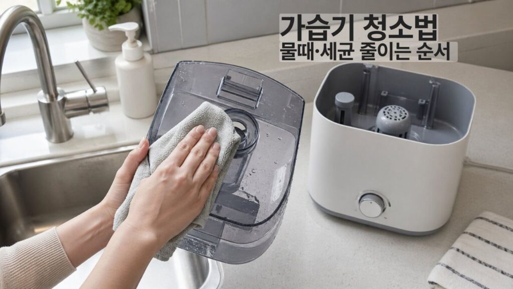 가습기 청소 방법을 보여주는 실사형 대표 이미지로, 가습기 물통을 분리해 청소하고 건조하는 관리 장면
