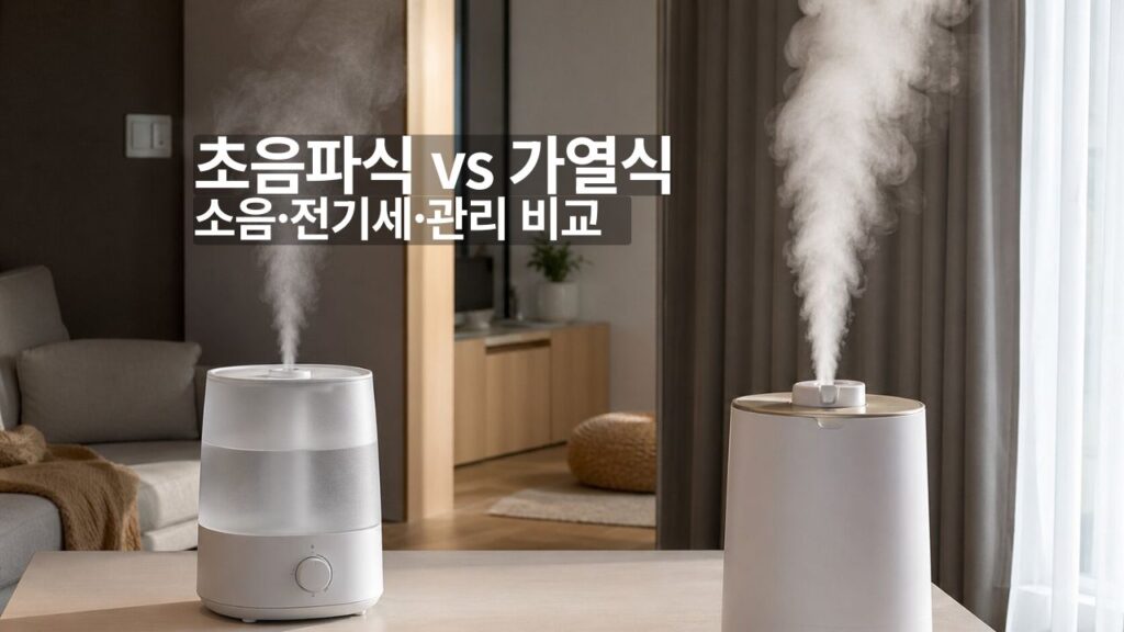 초음파식 가습기와 가열식 가습기의 차이를 비교하는 실사형 썸네일 이미지