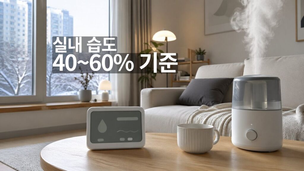 실내 습도 몇 퍼센트가 적당한지 보여주는 겨울철 거실과 온습도계 이미지