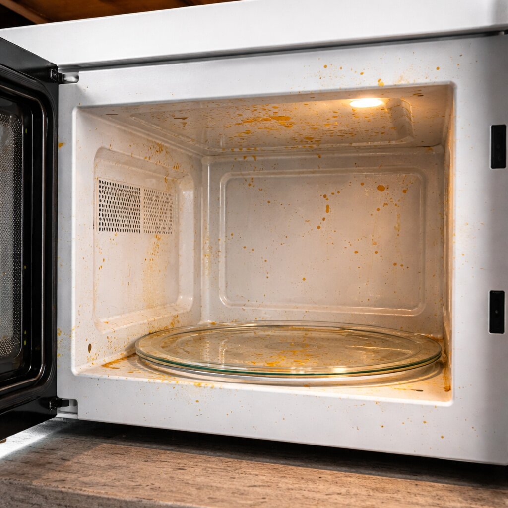 전자레인지 청소 방법과 냄새 원인 확인 중인 내부 오염 상태