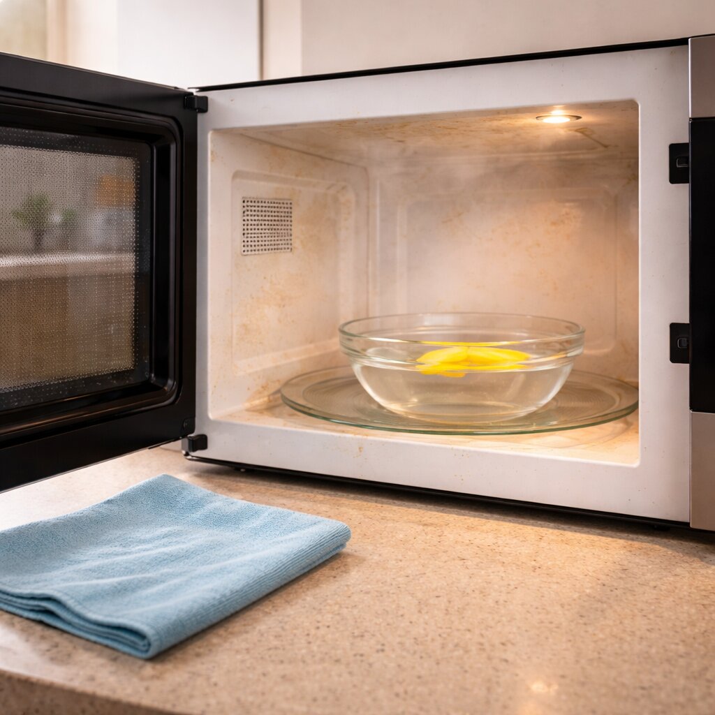 전자레인지 청소 방법으로 물과 식초 스팀 청소를 하는 장면