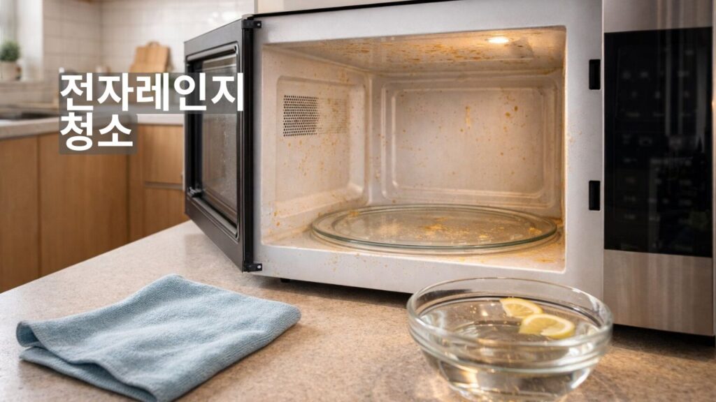 전자레인지 청소 방법과 냄새 제거, 위생 관리 과정을 보여주는 실사형 주방 이미지