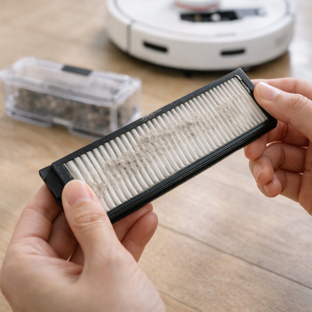 로봇청소기 관리 방법 중 필터 청소와 먼지통 점검 장면을 보여주는 실사형 이미지