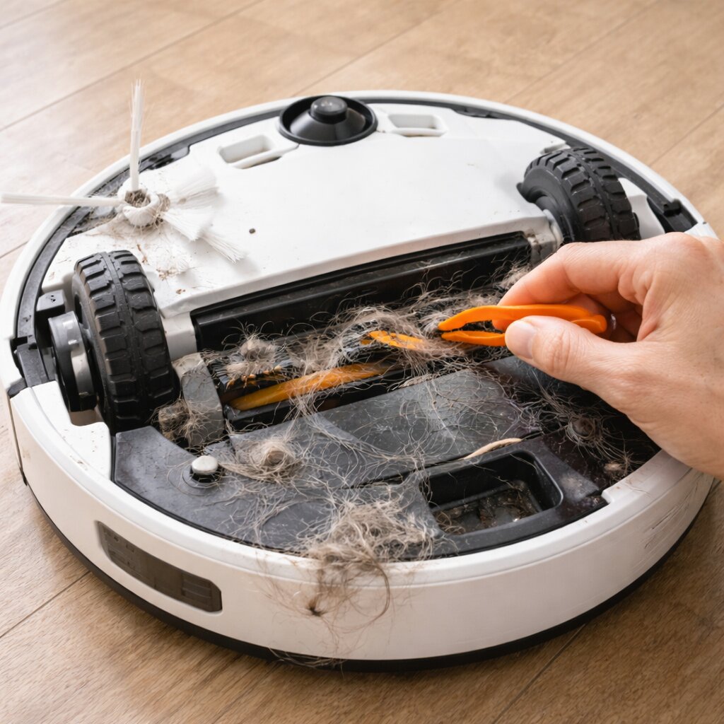 로봇청소기 흡입력 저하 원인으로 브러시와 바닥면 이물질을 점검하는 실사형 이미지