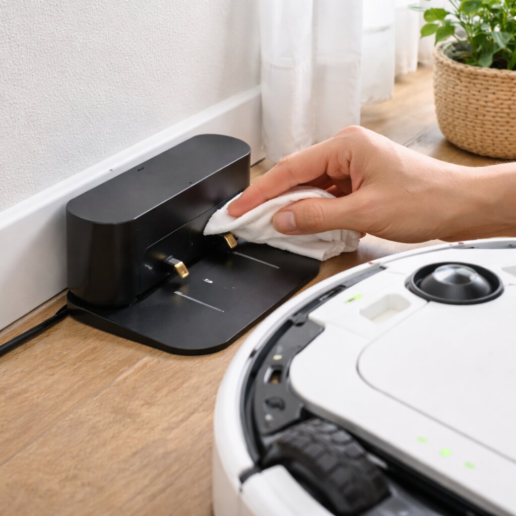 로봇청소기 배터리 관리 방법과 충전 도크 접점 점검 장면을 보여주는 실사형 이미지