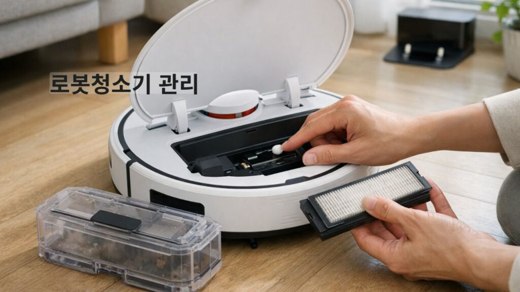 로봇청소기 관리 방법과 필터 센서 배터리 점검 장면을 보여주는 실사형 썸네일 이미지