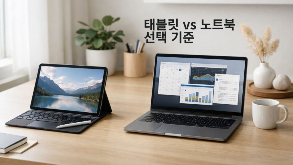 태블릿 vs 노트북 선택 기준을 보여주는 실사형 비교 이미지