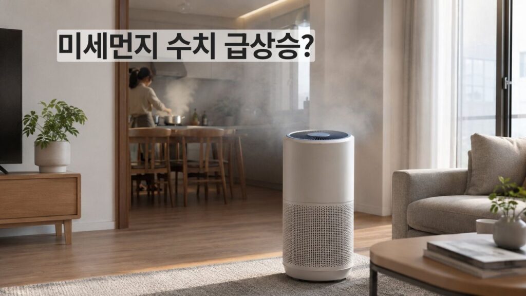 공기청정기 미세먼지 수치가 갑자기 올라가는 이유를 보여주는 실내 생활 환경 이미지
