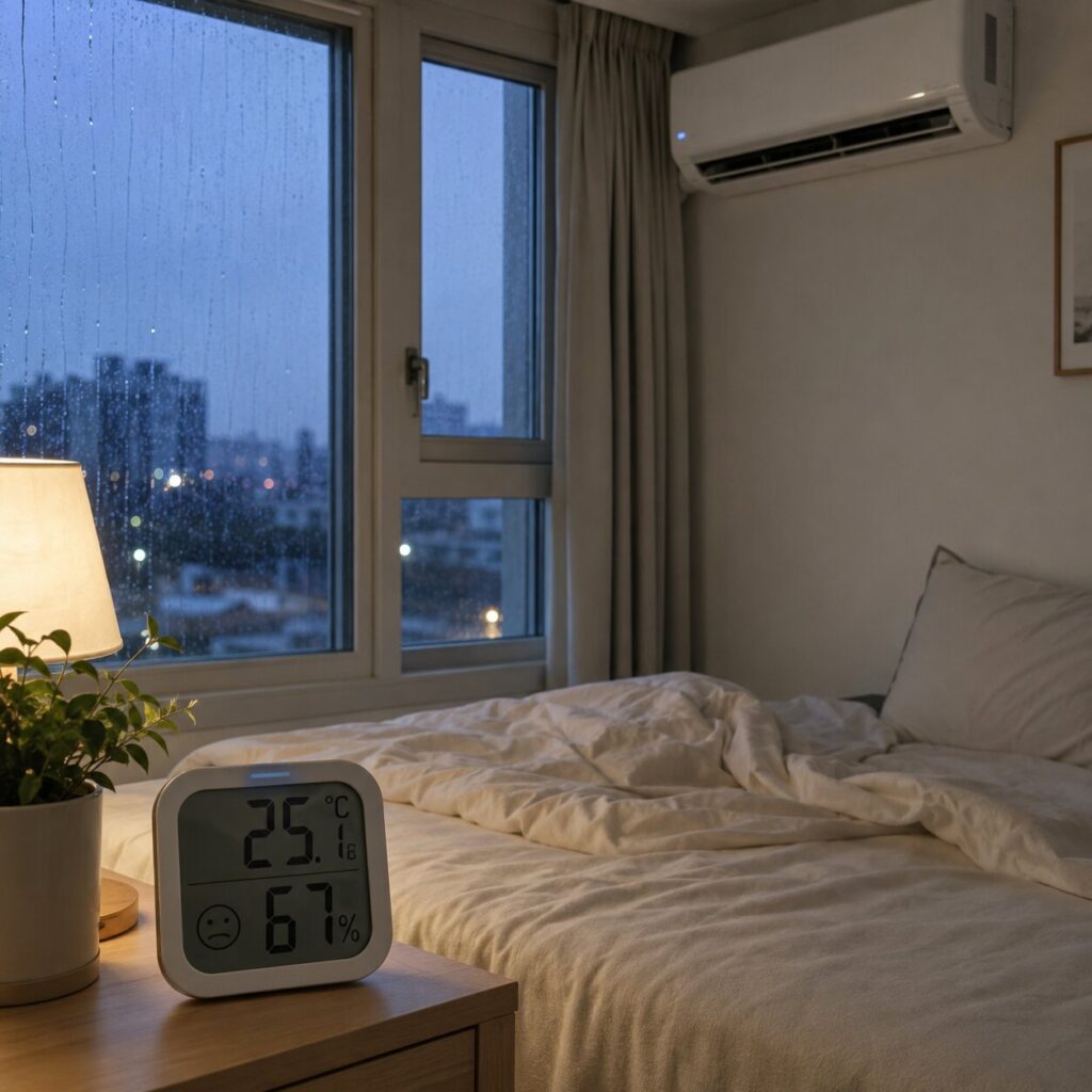 장마철 침실에서 온도 25도와 습도 67퍼센트를 확인하는 장면