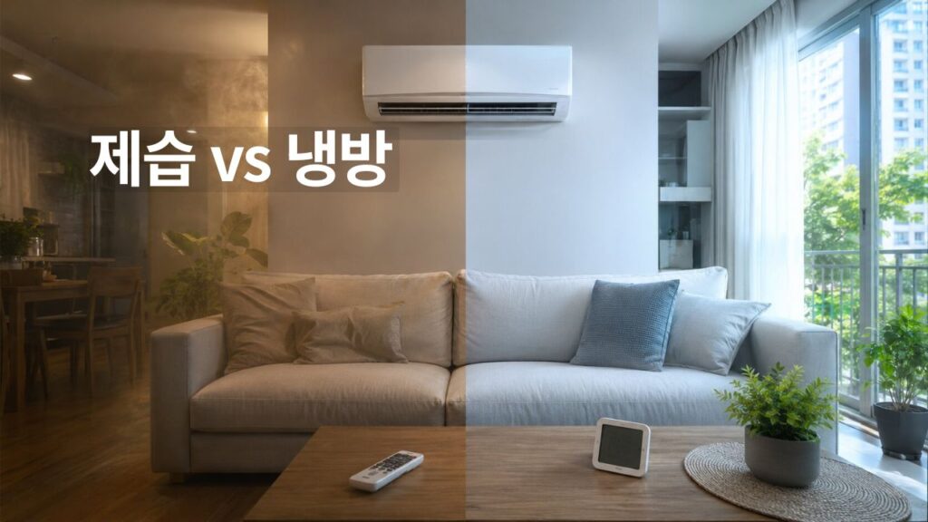 에어컨 제습 모드와 냉방 차이를 보여주는 거실 실사 이미지