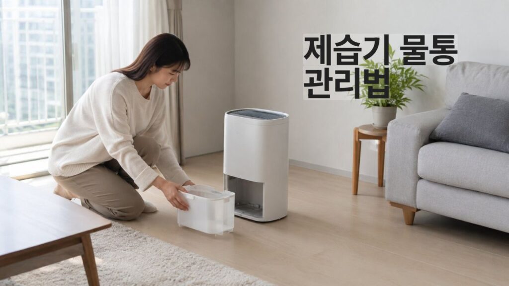 제습기 물통 관리와 배치 방법을 보여주는 실내 사용 장면