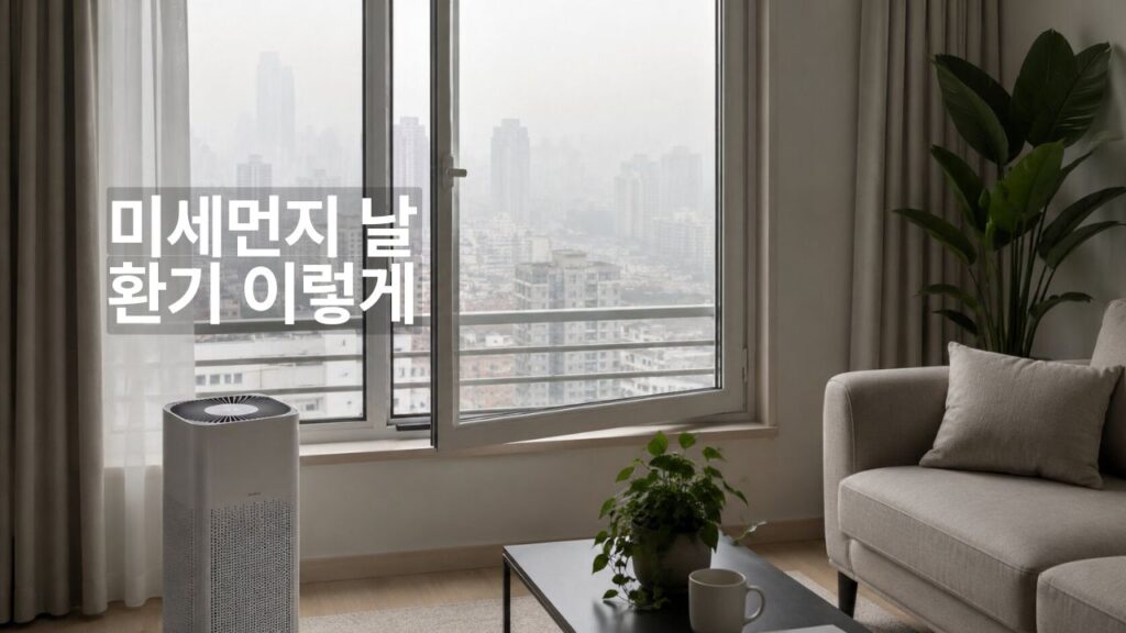 미세먼지 심한 날 환기 방법을 보여주는 거실 창문과 공기청정기 실사 이미지